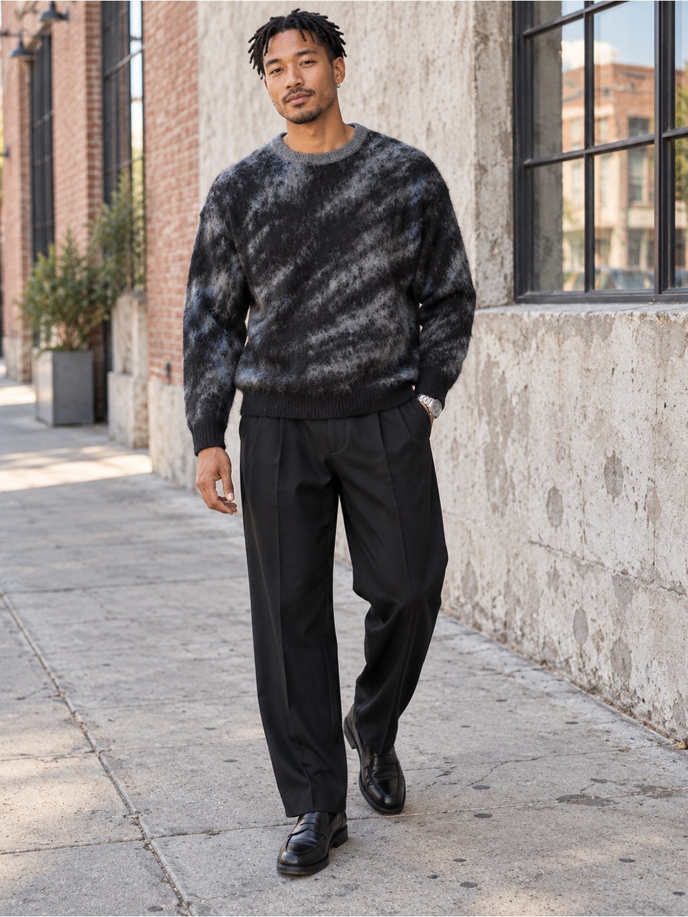 Mens mohair Black & Gray Fuzzy Crewneck Sweater